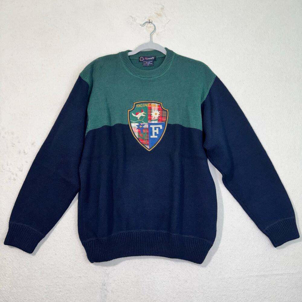 Faconable Crest Embroidered Crewneck Two-Tone Colorblock Wool Sweater Men Medium